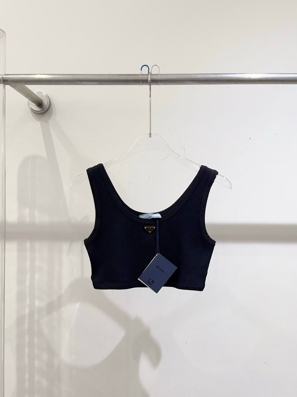 Prada Black Cropped Ribbed Tank Top with Logo Plaque